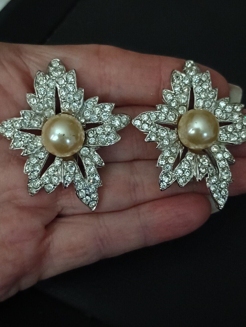 Vintage By KJL Pearl Center Crystal Starburst Earrings - Silver Tone